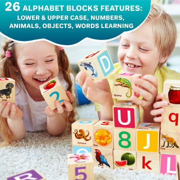 Quokka Wooden Blocks For Toddlers 1-3 - 26 Abc Learning Baby Blocks For Kids 3-5 Year Olds Stacking Alphabet Wood Toys For 2-4 Y