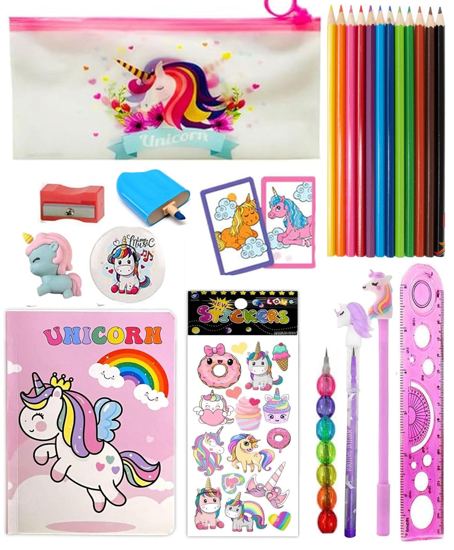 Combo Of Unicorn Stationery Gift Set For Kids Unicorn Mini Pencil Pouch Pencil Case For Kids 14 Pcs School Combo Kit Transparent