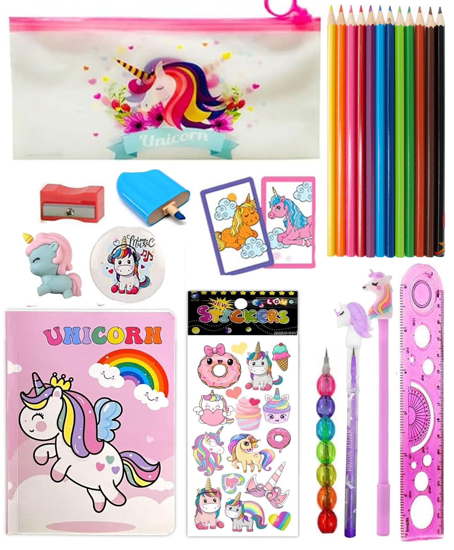 Combo Of Unicorn Stationery Gift Set For Kids Unicorn Mini Pencil Pouch Pencil Case For Kids 14 Pcs School Combo Kit Transparent