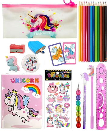 Combo Of Unicorn Stationery Gift Set For Kids Unicorn Mini Pencil Pouch Pencil Case For Kids 14 Pcs School Combo Kit Transparent