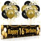 16Th Birthday Decorations For Boys Girls Black And Gold Happy Birthday Yard Banner 18Pcs 16Th Birthday Confetti Balloons For Kids 16 Years Old Anniversary Birthday Party Supplies Outdoor Yard Decor