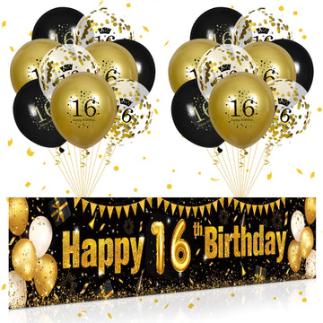 16Th Birthday Decorations For Boys Girls Black And Gold Happy Birthday Yard Banner 18Pcs 16Th Birthday Confetti Balloons For Kids 16 Years Old Anniversary Birthday Party Supplies Outdoor Yard Decor