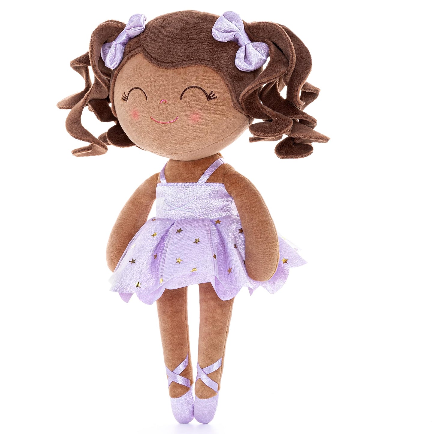 Gloveleya Baby Dolls Soft Snuggly Curly Hair Ballerina Doll First Baby Girl Gifts Plush Tanned Ballet Doll With Lace Mesh Dress Purple 14Inches Ballerina Series