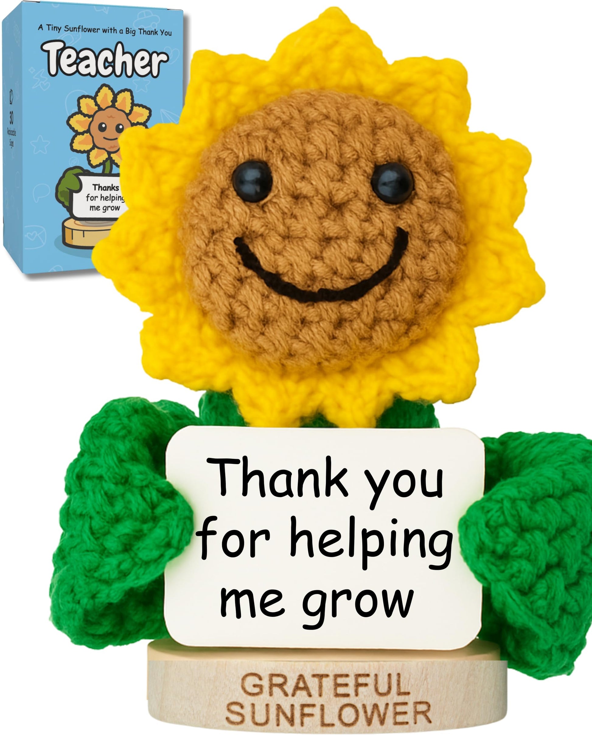 Teacher Appreciation Gifts - Positive Sunflower Crochet Doll with Card - Thank You for Helping Me Grow - Best Teacher Ever Gifts