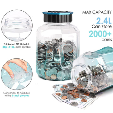 X-Large Piggy Bank For Adults Kids, Vcertcpl Digital Coin Counting Bank With Lcd Counter, 2.4L Capacity, Great Coin Counter Bank Money Counting Jar With Total Amount Displayed (G Blue, X-Large)