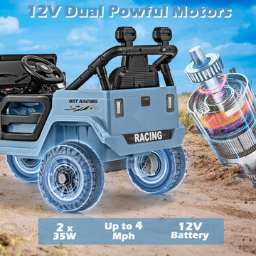 Olakids Ride On Truck, 12V Battery Powered Electric Vehicle For Kids With Remote Control, Bluetooth, Power Display, Led Lights, Music Player, Ride On Toy For 3+ Boys Girls (Blue)