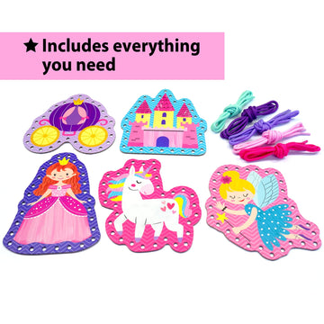 Krafun Beginner Unicorn My First Lacing Card Kit For Kids Arts & Crafts, 5 Easy Princess Lacing Projects, Paper Art Craft Cards For Toddlers, Fine Motor Preschool Skills Toys