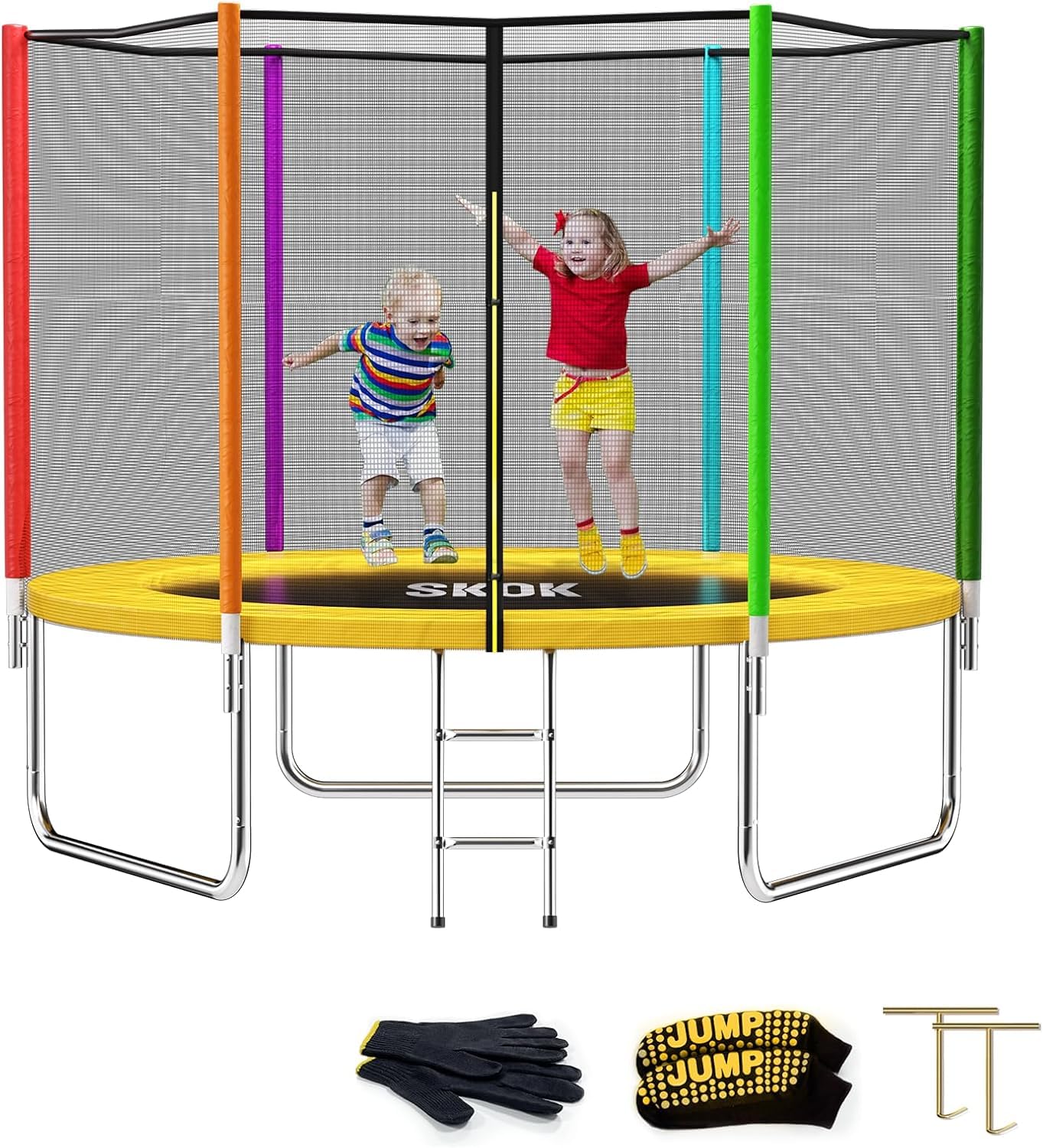 Skok Colorful Trampoline 8Ft Kids Trampolines With Enclosure Net, Trampoline Outdoor For Kids And Adults, With Spring Pad, Jumpi