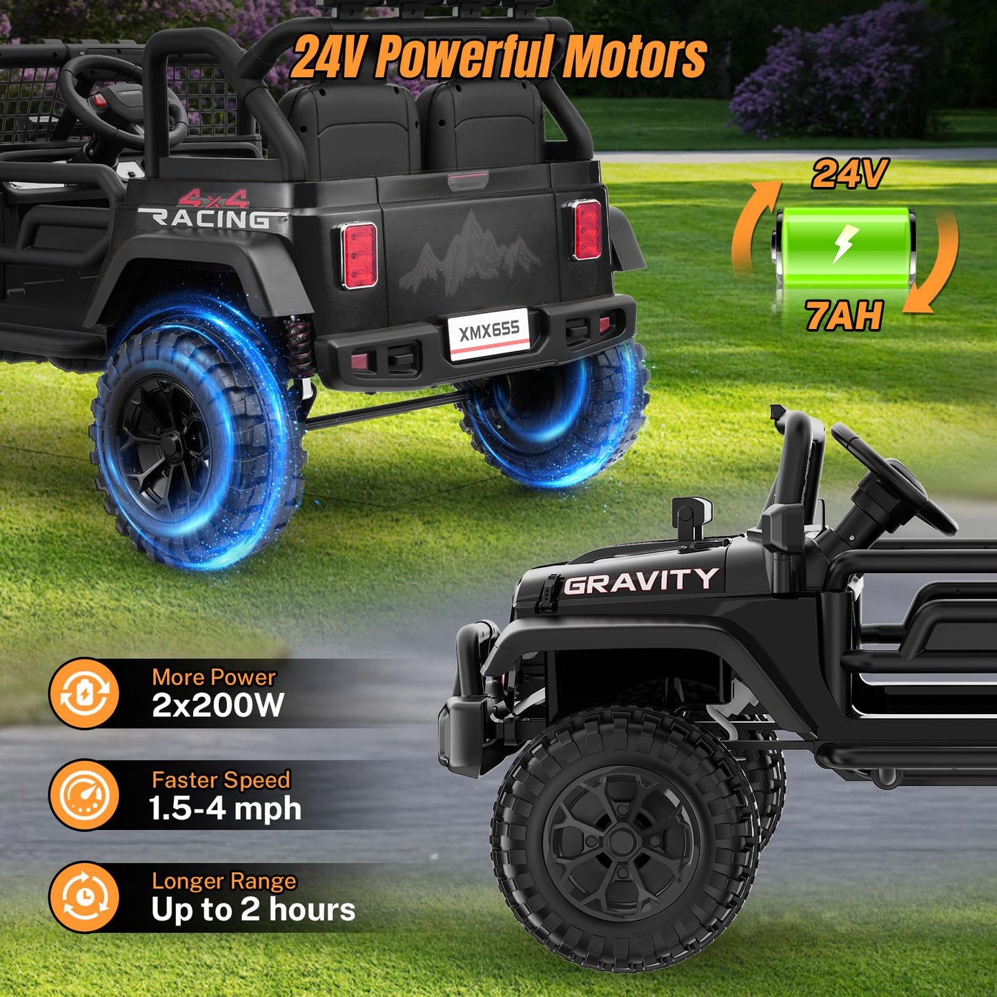 Hikole 24V 2 Seater Ride on Car - Kids XL Electric Car with 20 Wide Seat, Remote Control, LED Lights, Spring Suspension, Bluetoo
