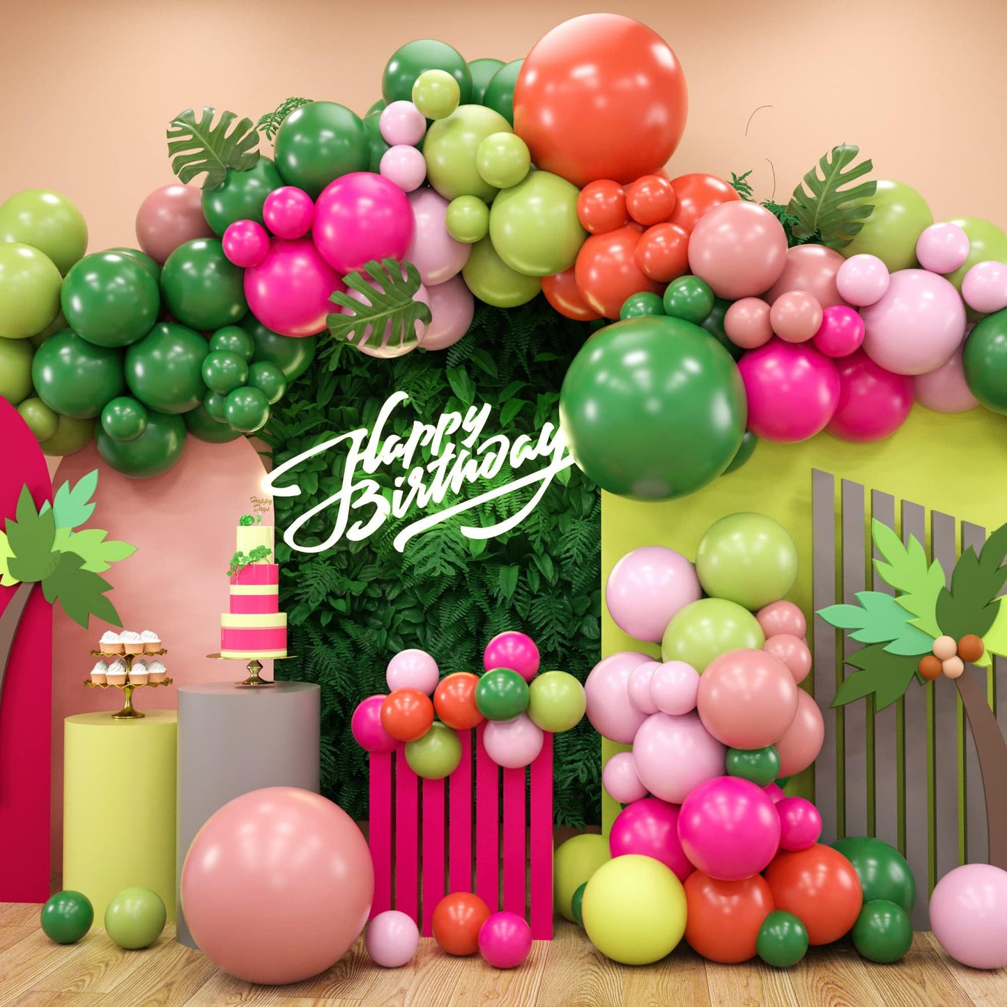 Tropical Balloon Arch, Tropical Balloon Garland Kit, Hot Pink Green Balloon Arch Kit Hawaii Party Balloons Summer Beach Birthday