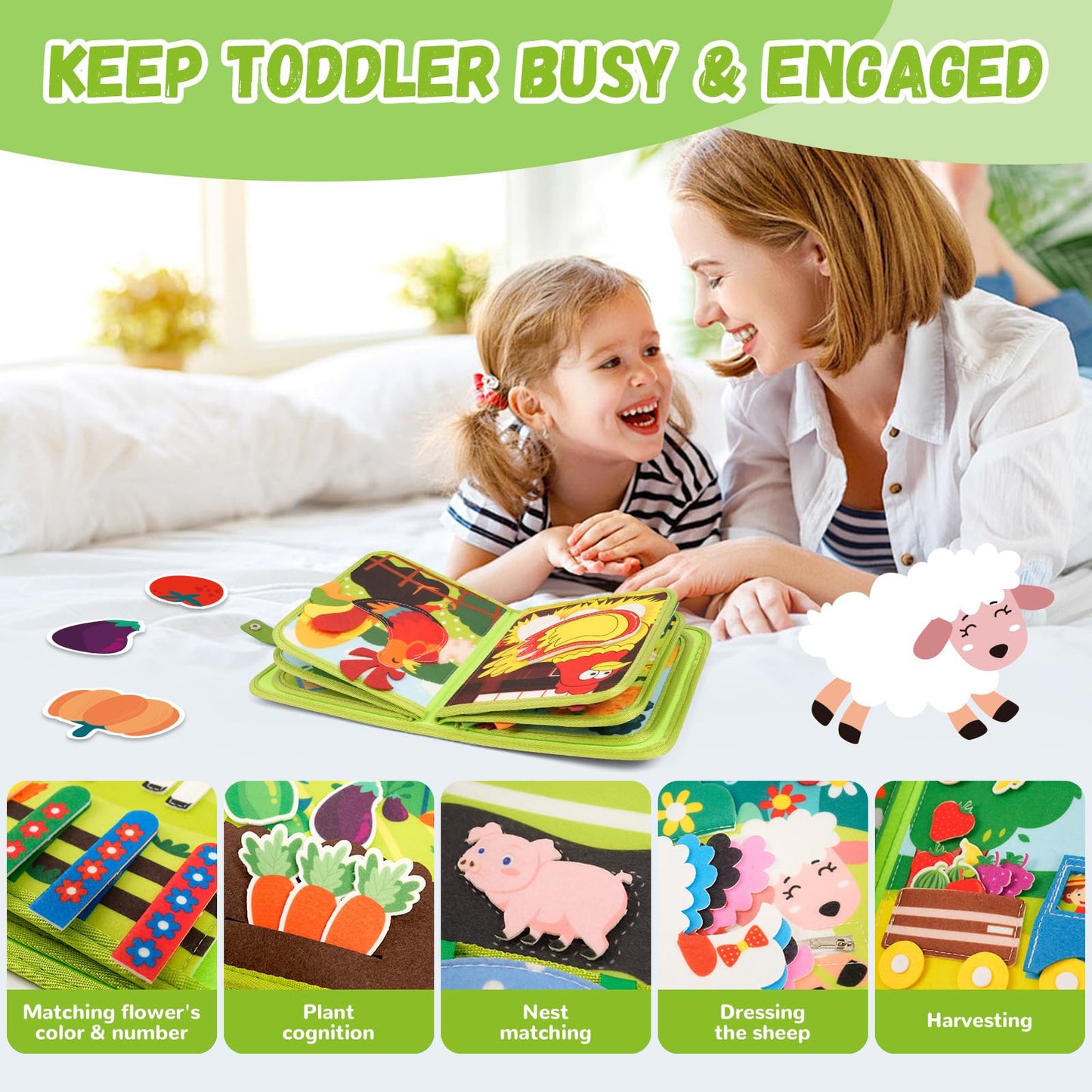 Arcturine Busy Book For Toddlers 1-3, 20 In 1 Farm Activity Book With Life Skills Cognition Sorting Matching, Airplane Car Trave