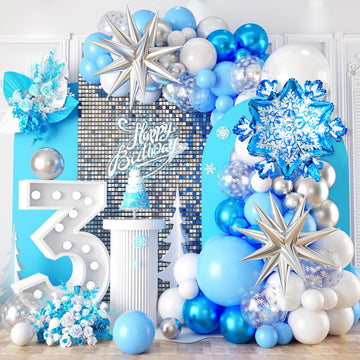 Snowflake Balloon Garland Arch Kit, Silver Blue White Balloon Arch With Snowflake Foil Balloons For Winter Wonderland Holiday Christmas Baby Shower Snow Princess Birthday Party Decorations