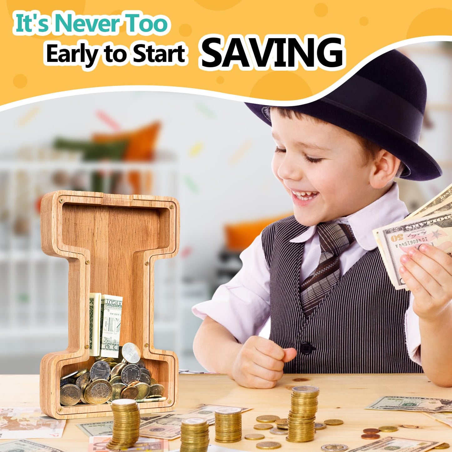 SummiDate Wooden Letter Piggy Bank| Piggy Bank for Boys Girls Toddler| Alphabet I Money Bank| Coin Bank Birthday Gift for Kids|Birthday Gift for Kids (I)