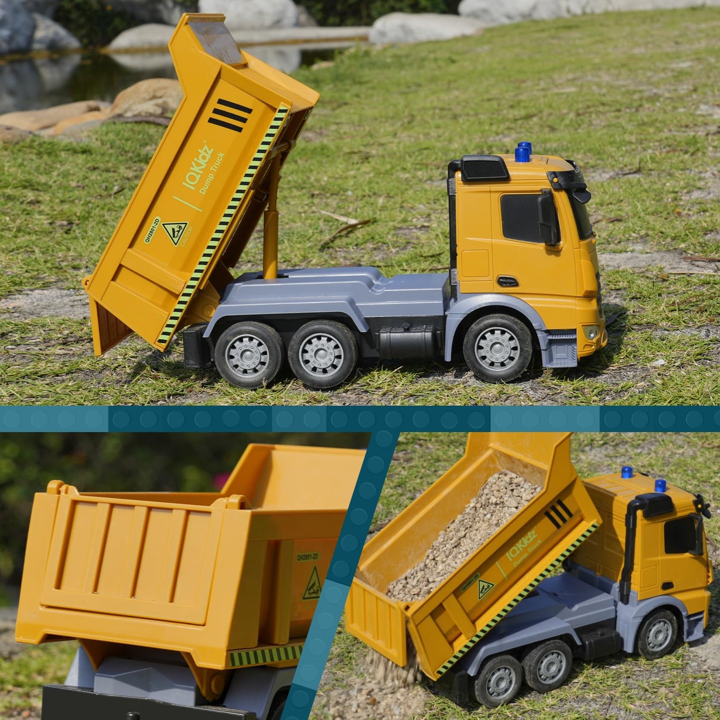 IQKidz Remote Control Dump Truck Toys - RC Construction Vehicles with Blue Warning Lights, Trucks Toy for Boys Girls 3 4 5-7 8 9