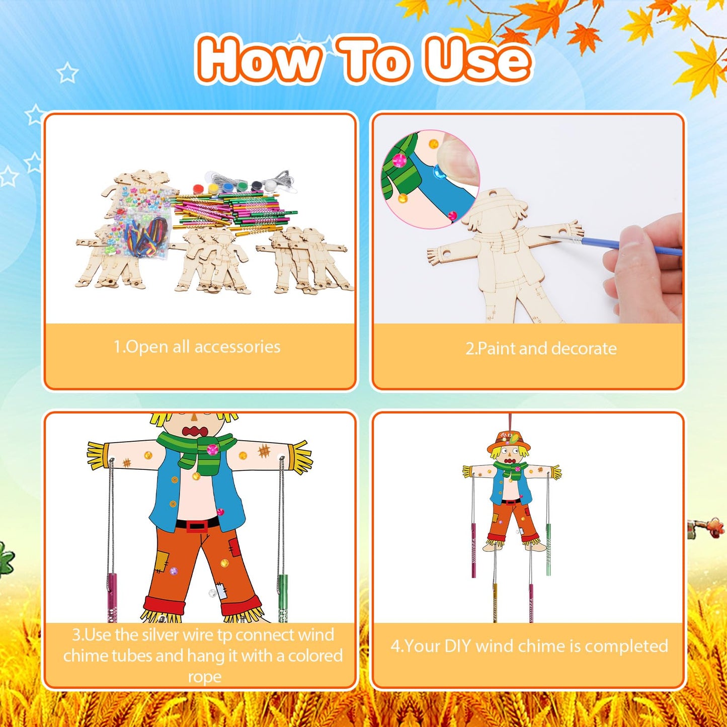 Fennoral 12 Pack Scarecrow Wind Chime Kit For Kids Make You Own Scarecrow Craft Kit Diy Arts And Crafts For Boys Girls Fall Art
