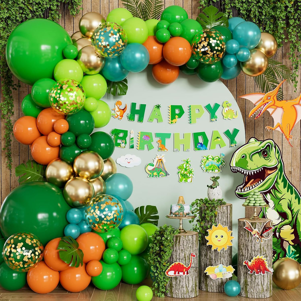 PT Dinosaur Balloon Arch Garland Kit, 75PCS Dinosaur Birthday Party Decorations with Dino Banner & Happy Birthday Banner, Jungle