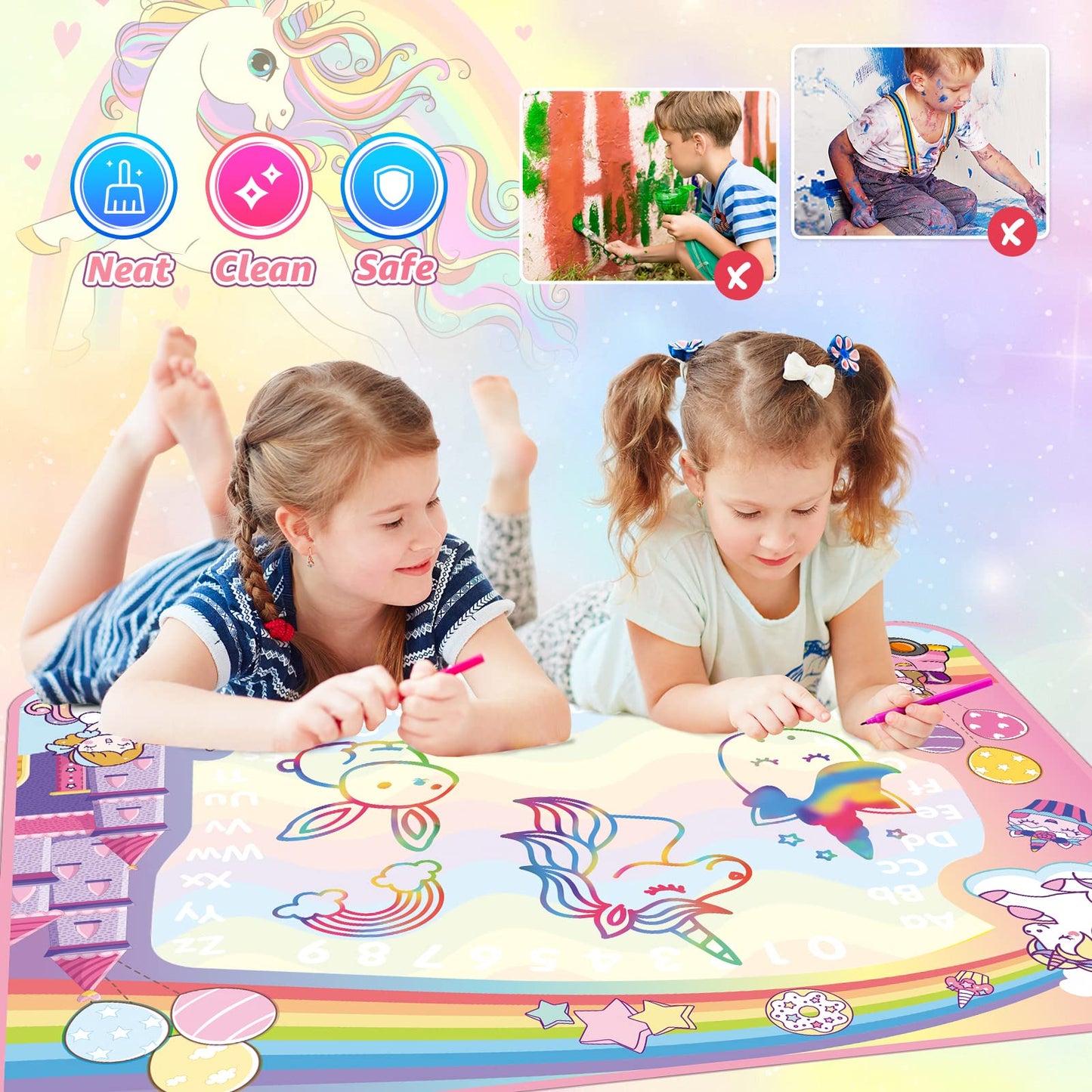 Toddler Toys For 2 3 4 5 Year Old Kids Boys Girls, Unicorns Gifts For Girls Water Doodle Mat Preschool Educational Learning Toy Doodle Drawing Mat Birthday Gift Easter Basket Stuffers For Kids Age 2-5