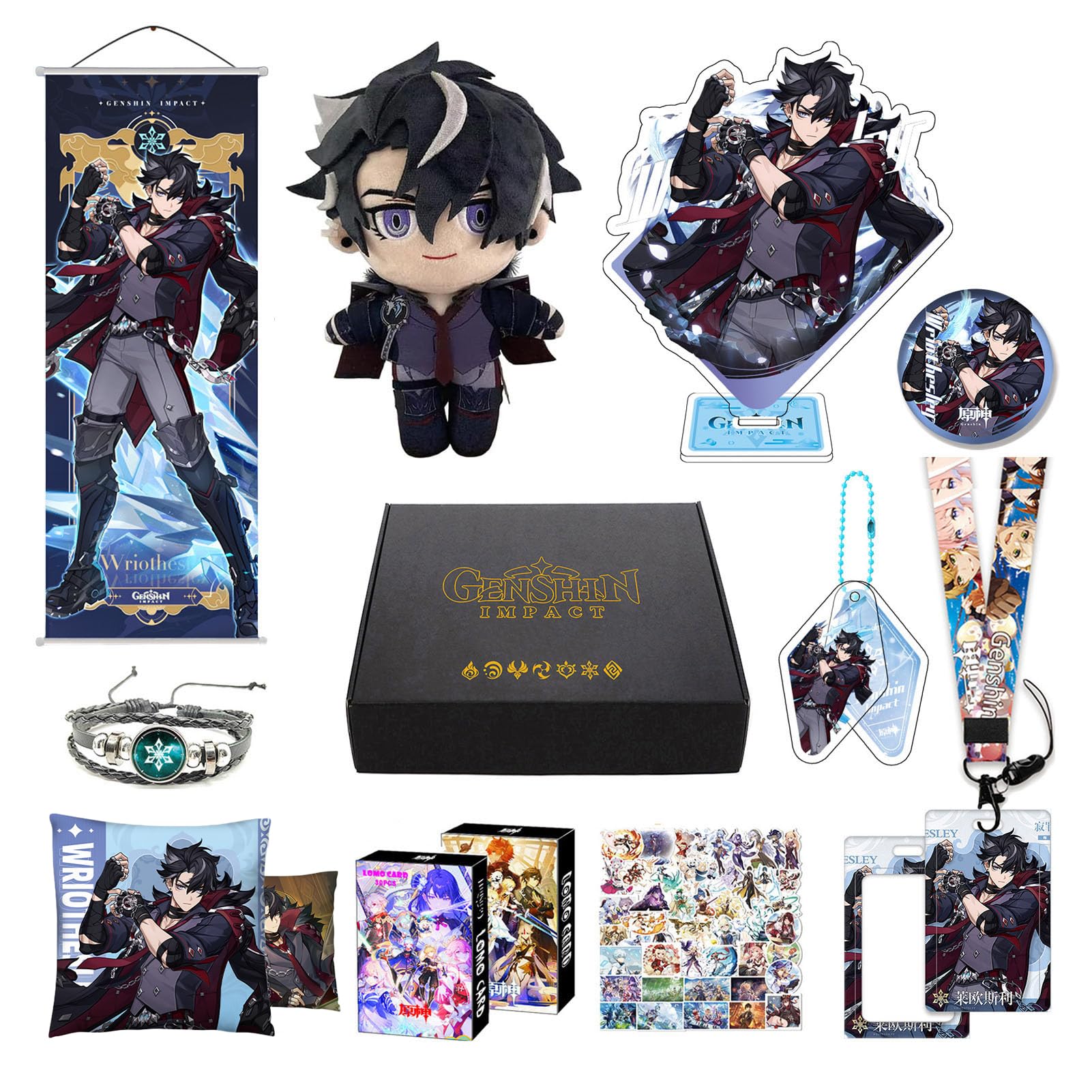 MOTAO Genshin Impact Box Wriothesley Merch Set - Plush Doll, Poster, Mouse Pad, Stand Figure, Bracelet, Badge, Keychain, Card Ho