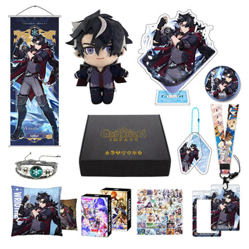 MOTAO Genshin Impact Box Wriothesley Merch Set - Plush Doll, Poster, Mouse Pad, Stand Figure, Bracelet, Badge, Keychain, Card Ho