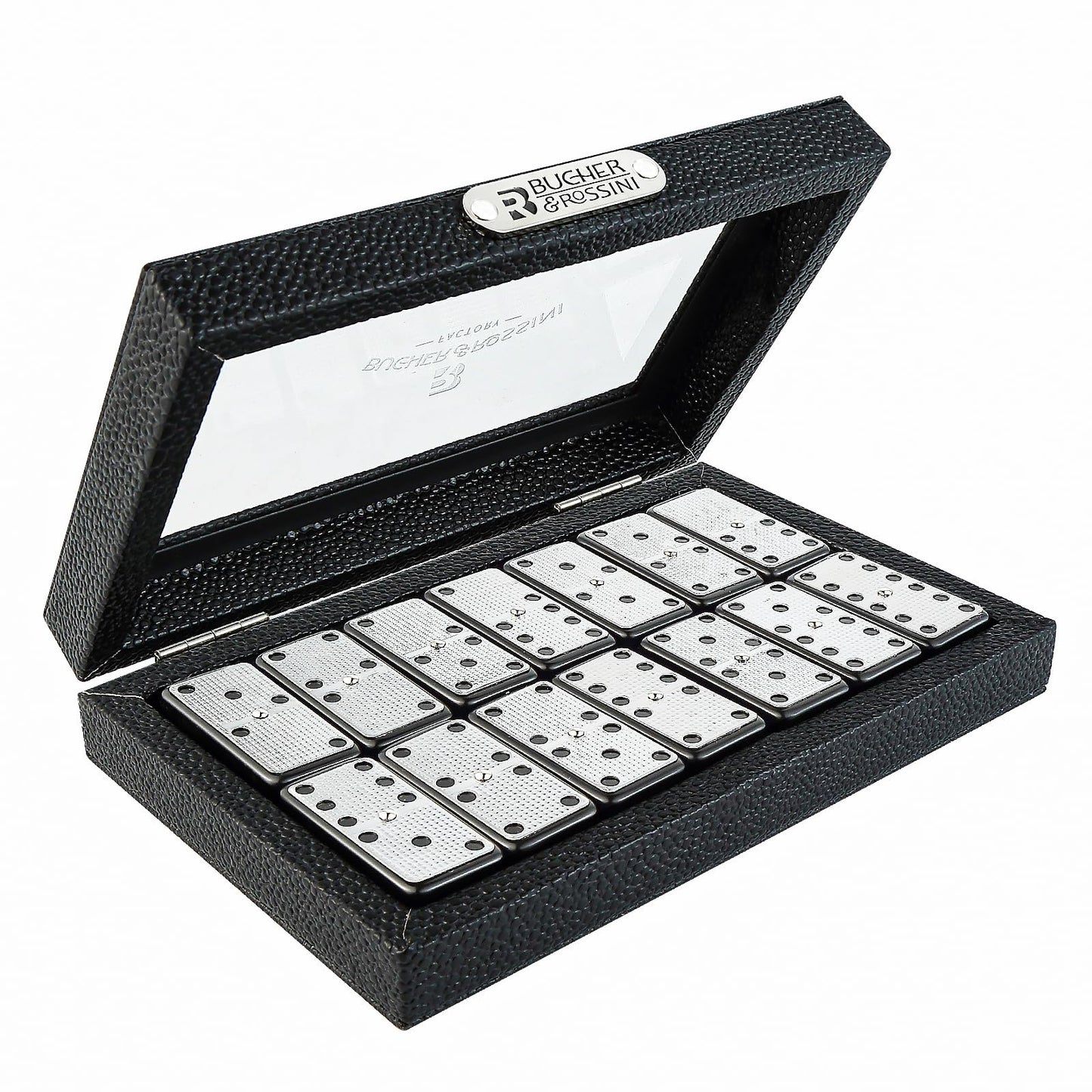 Bucher&Rossini Metal Surface Dominoes Set Double 6 - Classic Black, Silver Melamine for Adults & Kids, Ideal Family Game Night Gift