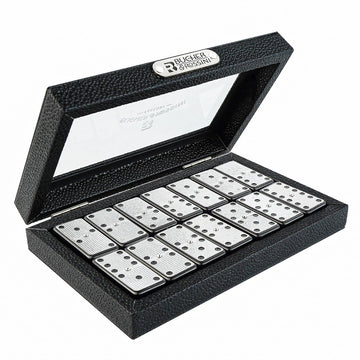 Bucher&Rossini Metal Surface Dominoes Set Double 6 - Classic Black, Silver Melamine for Adults & Kids, Ideal Family Game Night Gift