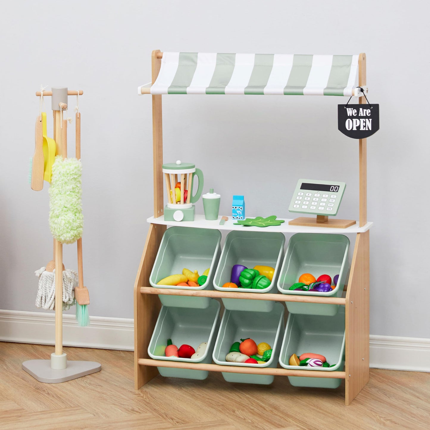 Teamson Kids Wooden Farmer's Market Stand with Cash Register, Green, TD-13638A-AMZ, Includes 6 Storage Bins, Engineered Wood, One Size