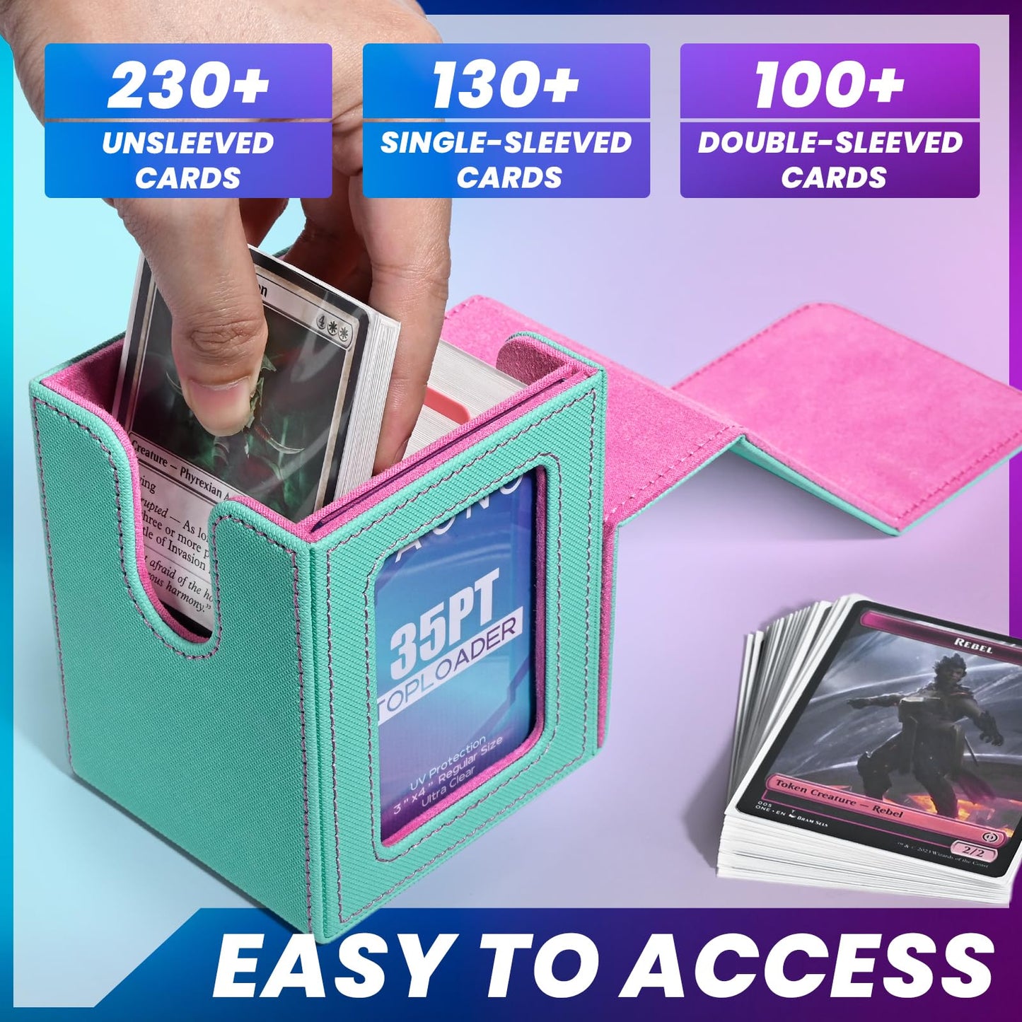 Uaono Card Deck Box With Mtg Commander Display, Deck Case Holds 100+ Double-Sleeved Cards, Trading Card Storage Box Fits Tcg/Ptcg/Sports Card With 2 Dividers, 1 Toploader (Turquoise, Pink)