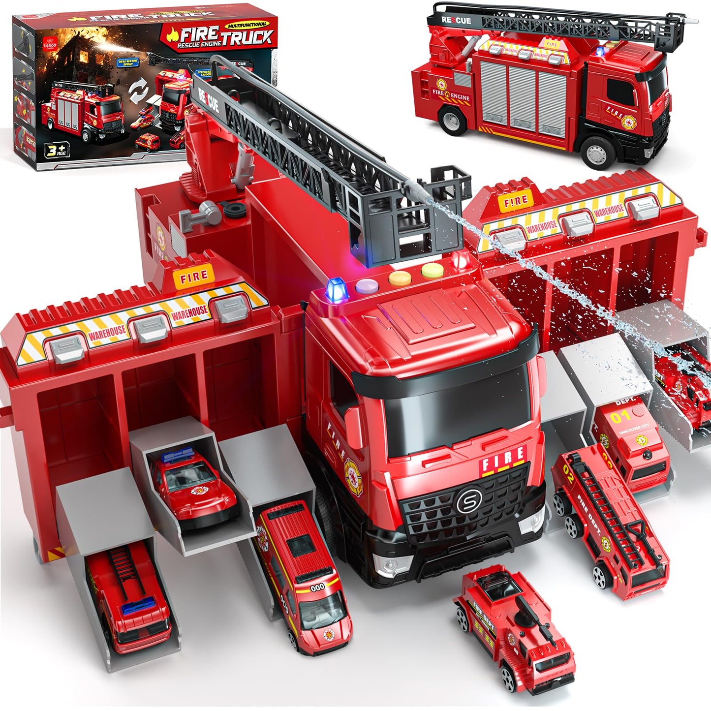 Lehoo Castle Fire Truck Toy for 2 3 4 5 Years Old Boys, Fire Trucks Playset with Rotating Ladder, Realistic Lights & Sounds, Bir