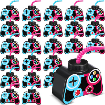 Mifoci 24 Pcs Plastic Video Gaming Party Favor Gift Supplies Cups With Straw And Lid,10Oz Gamer Birthday Party Video Game Shape