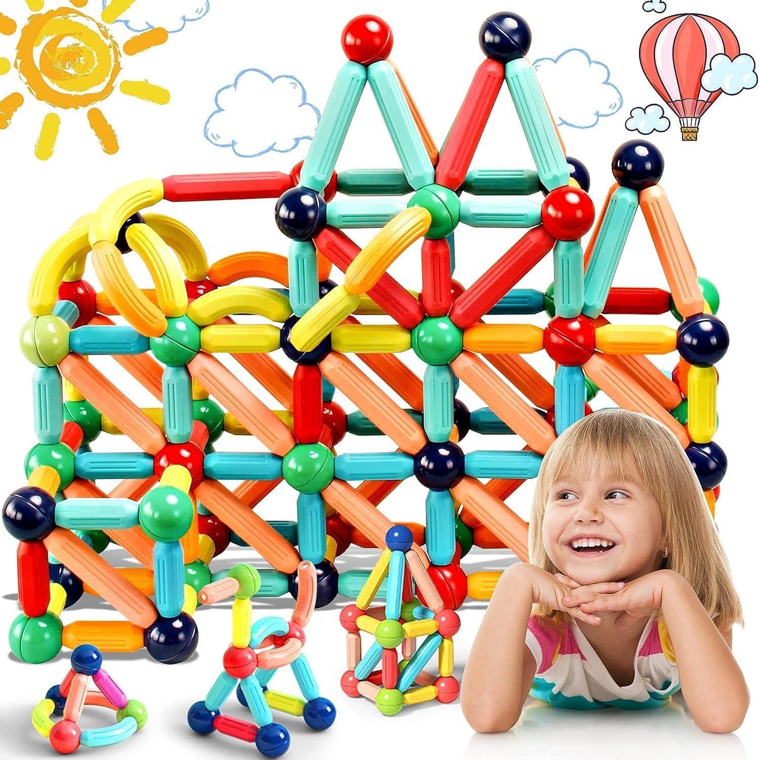 Pampam Educational Magnetic Building Blocks For Kids, 40 Pcs Sticks And Balls Toy Set, Multicolor
