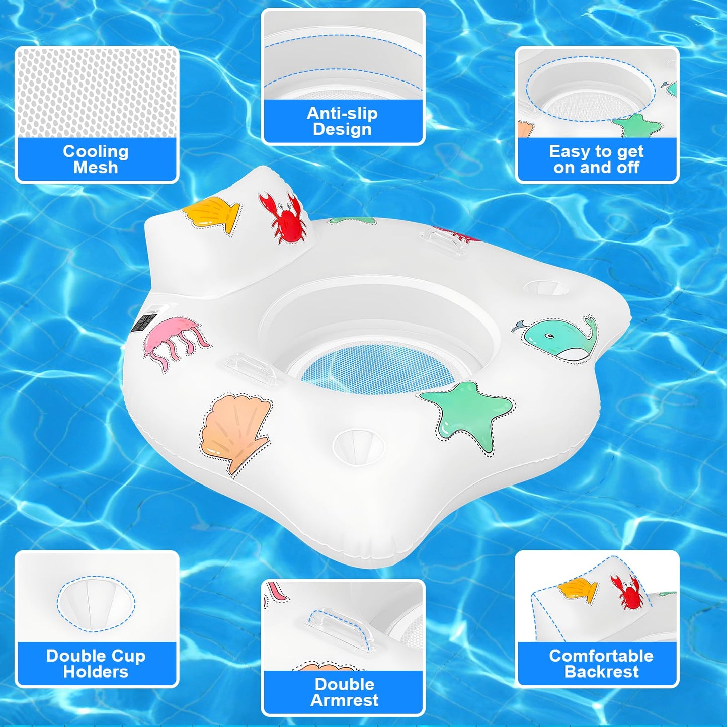 Inflatable Pool Floats Chair with Colorful Light Solar Powered Pool Chair with Color Changing with 2 Cup Holders & 2 Armrests Suitable for Kids mature-themed