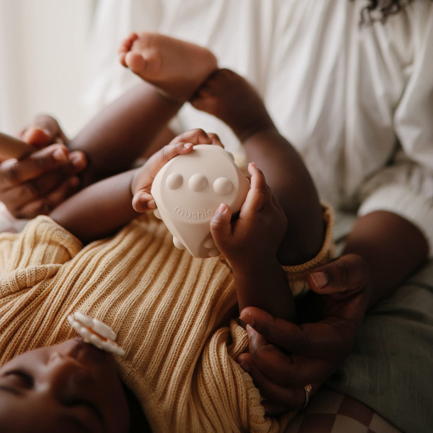 Mushie Silicone Dice Press Toy | Baby Sensory Play For 10+ Months (Cambridge Blue/Shifting Sand)