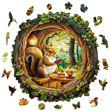 Wooden Puzzles For Adults - Squirrel In The Cave, Flat Jigsaw Puzzle With 3D Visual Effect, Unique Shape Wood Puzzles Adult, Goo