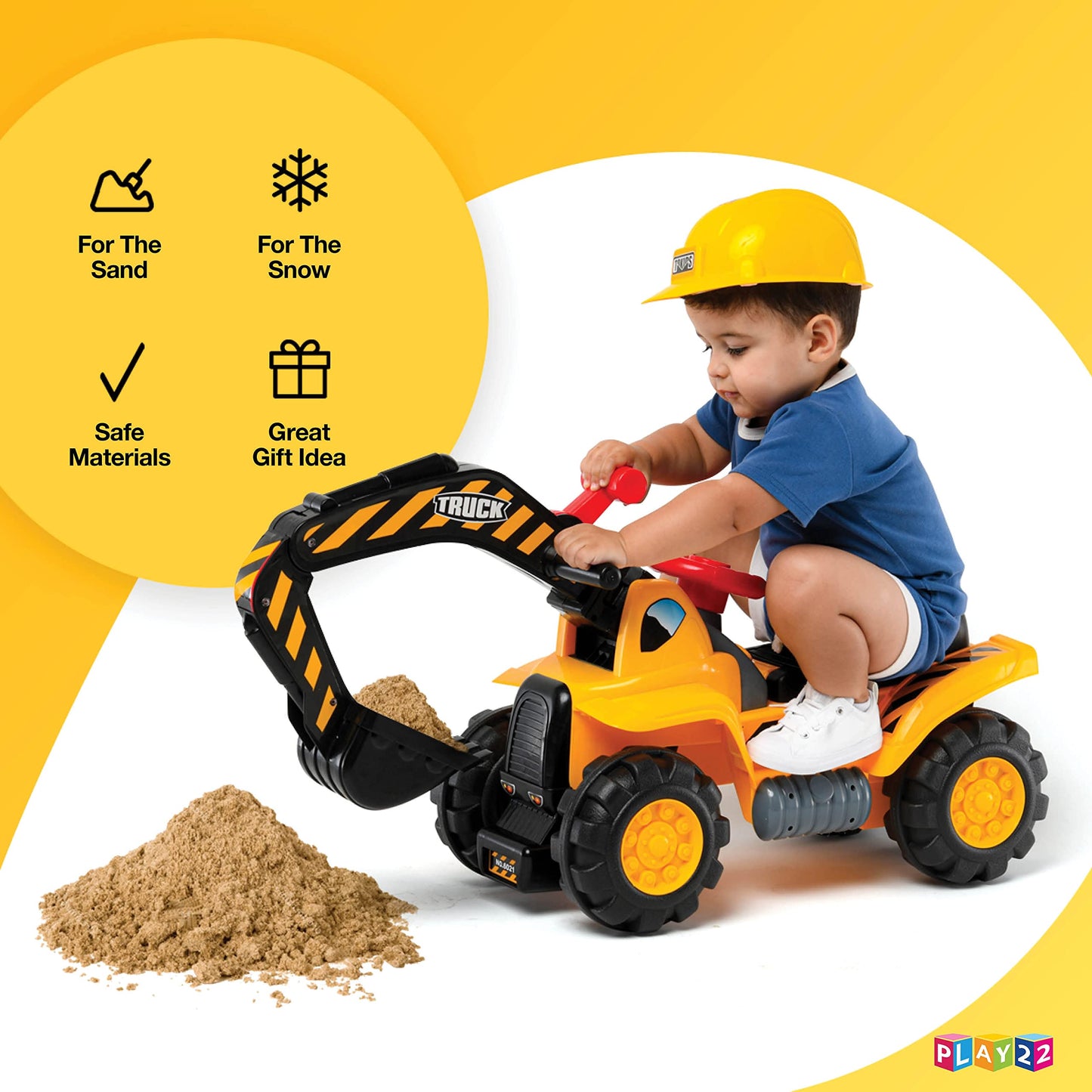 Play22 Toy Tractors for Kids Ride On Excavator - Music Sounds Digger Scooter Bulldozer Includes Helmet with Rocks - Pretend Play