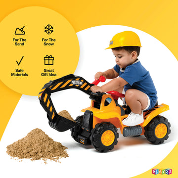Play22 Toy Tractors for Kids Ride On Excavator - Music Sounds Digger Scooter Bulldozer Includes Helmet with Rocks - Pretend Play