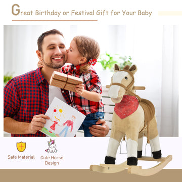 Qaba Kids Plush Ride-On Rocking Horse Toy Cowboy Rocker With Fun Realistic Sounds For Child 3-6 Years Old, Beige