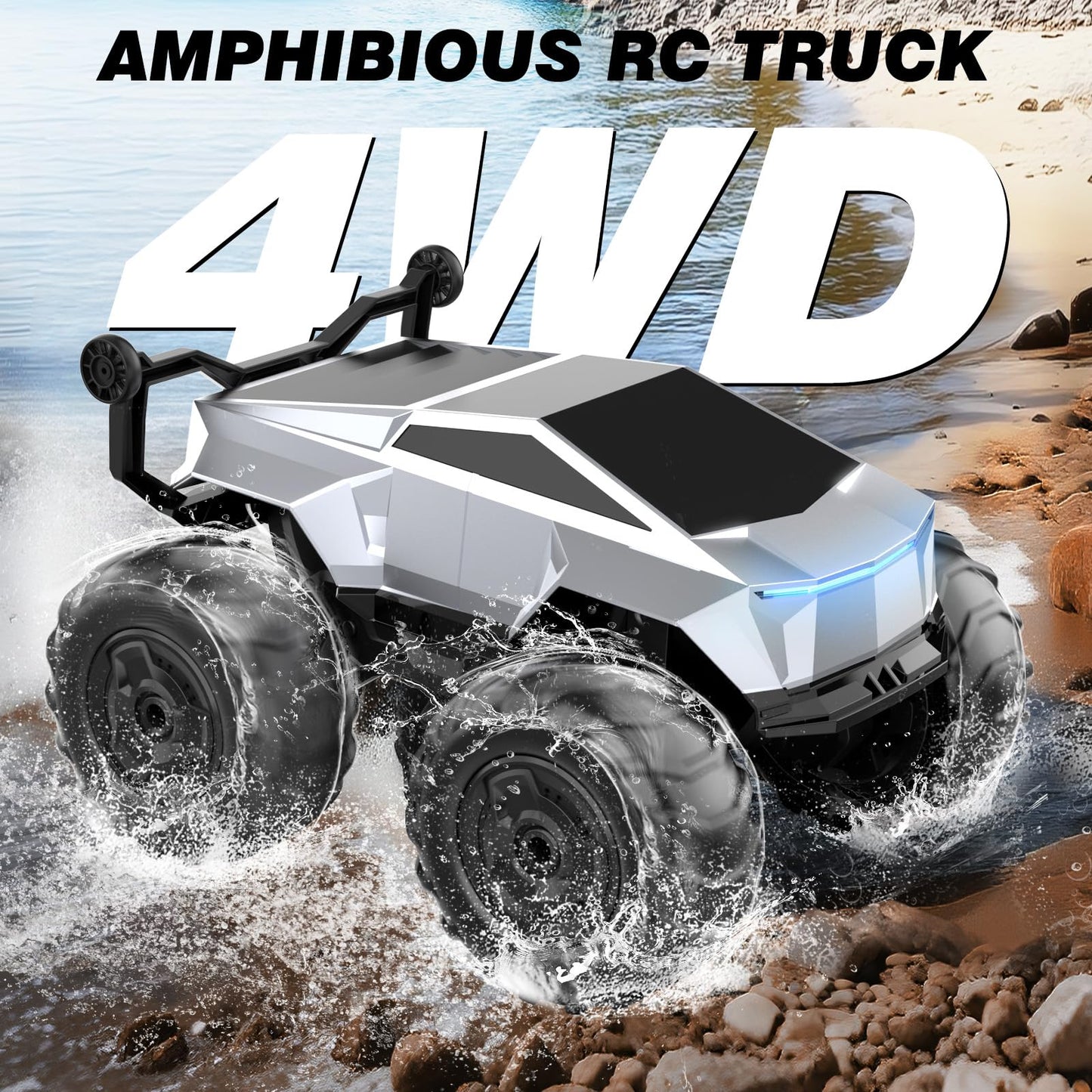 Remote Control Car, 1:16 4Wd Waterproof Rc Monster Truck, 2.4Ghz All Terrain Amphibious Rc Stunt Cars, 360 Rotating Pick-Up Truc