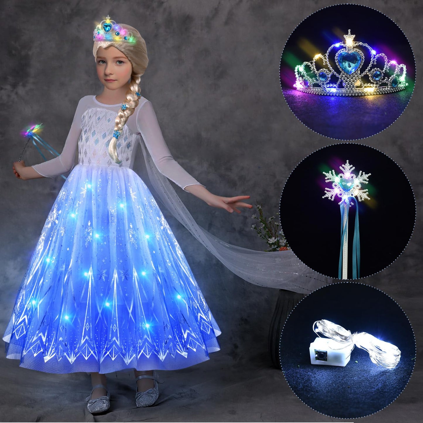 Latocos Light Up Elsa Costume For Girls Kids Princess Dress Up Cloths For Little Girls Birthday Halloween Cosplay