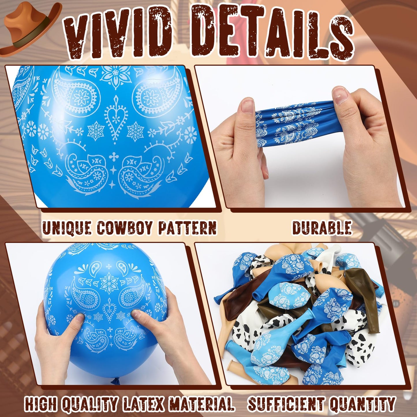 Hungdao 52 Pcs Western Party Horse Balloons Cowboy Decoration Kit Rodeo Farm Bandana Cowgirl Foil Latex Balloons Bulk For Baby Shower Birthday Arch Decor(Blue Brown Series)