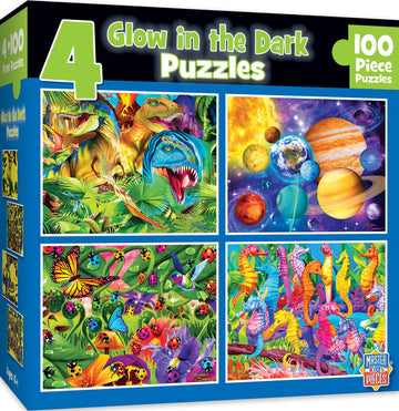 Masterpieces - Jigsaw Puzzle Set For Kids 6+ Years, 4-Pack Of 100 Pieces, Educational And Fun Game, Blue Glow In The Dark Collec