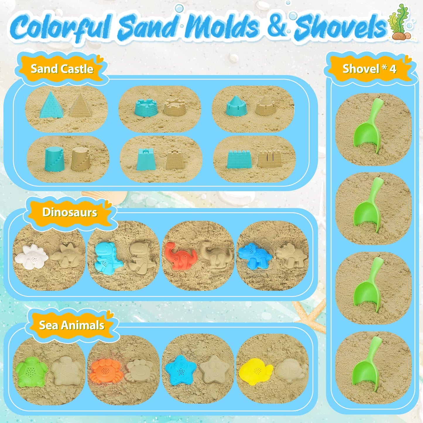 RACPNEL Collapsible Beach Buckets & Beach Toys for Kids, Foldable Sand Bucket and Shovels Set with Mesh Bag & Sand Molds, Silico