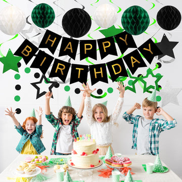 Meowtastic Birthday Decorations, Happy Birthday Banner With Honeycomb Balls, Star Hanging Swirl Streamer, Circle Dot Garland, Happy Birthday Party Decorations For Women Men Boys Girls (Green & Black)