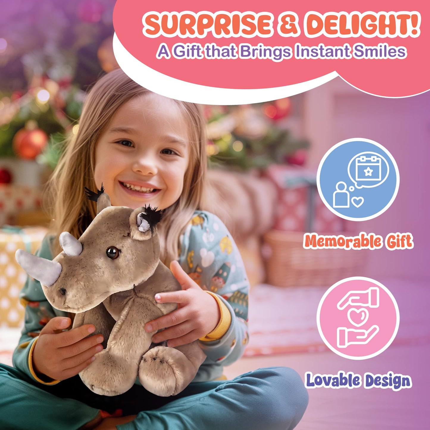 Forest & Twelfth 12'' Stuffed Rhinoceros Plush, Heirloom Collection Stuffed Animal, Premium Materials, Best Gift For Kids Age 3+