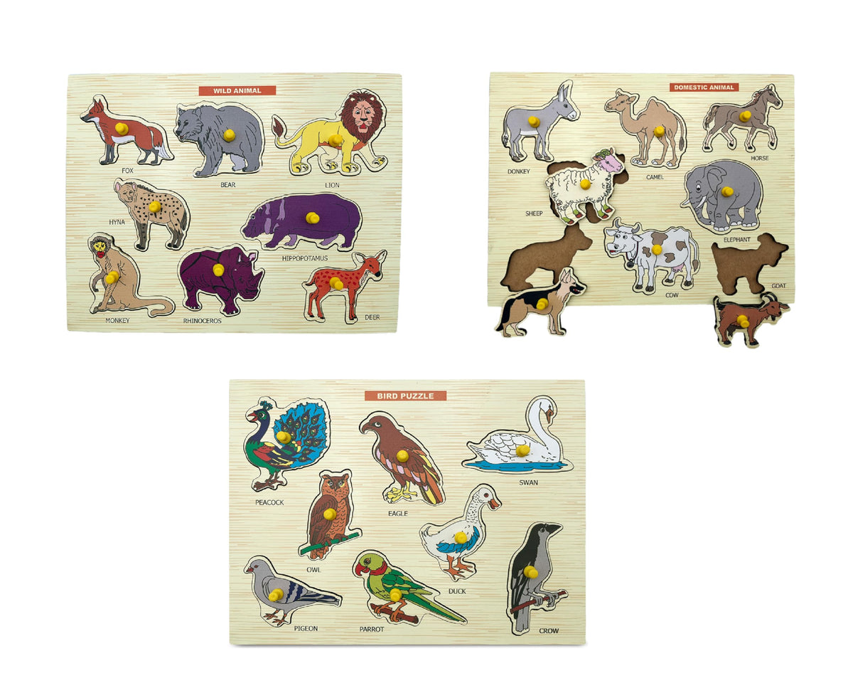 Little Genius Animals + Birds Puzzle Tray Combo Set of 3+ Years | Multi Color