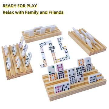 GOTHINK Dominoes Set for mature-themeds with 4 Wooden Trays/Racks  Double 6 Dominoes Set Travel Set with 4 Tiles Holders  28 Tile Colored Dot Dominos in Tin Box Classic Family Board Games for 2-4 Players