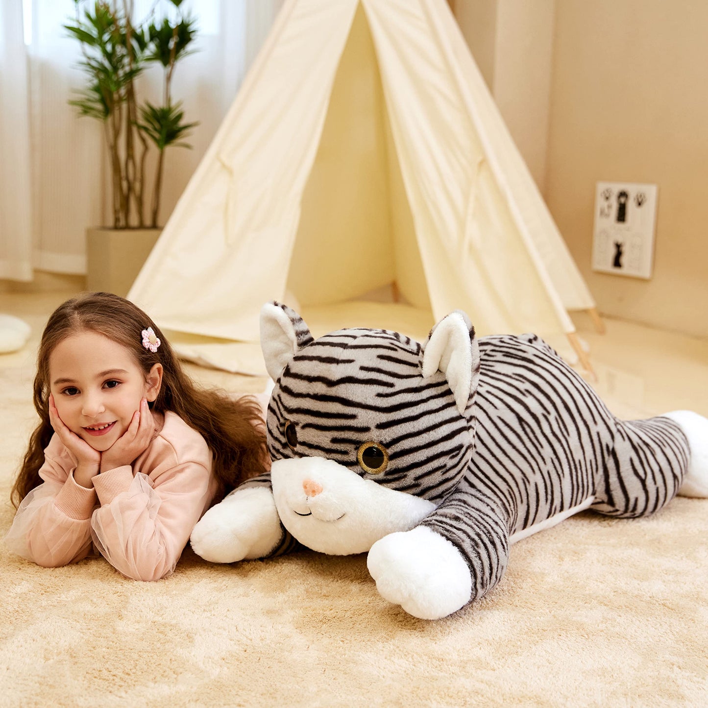 Ikasa Giant Striped Cat Stuffed Animal Plush Toy,Large Kitten Big Jumbo Soft Toys,30' Huge Size Cute Plushy Fluffy Fat Plushie,Gifts For Kid