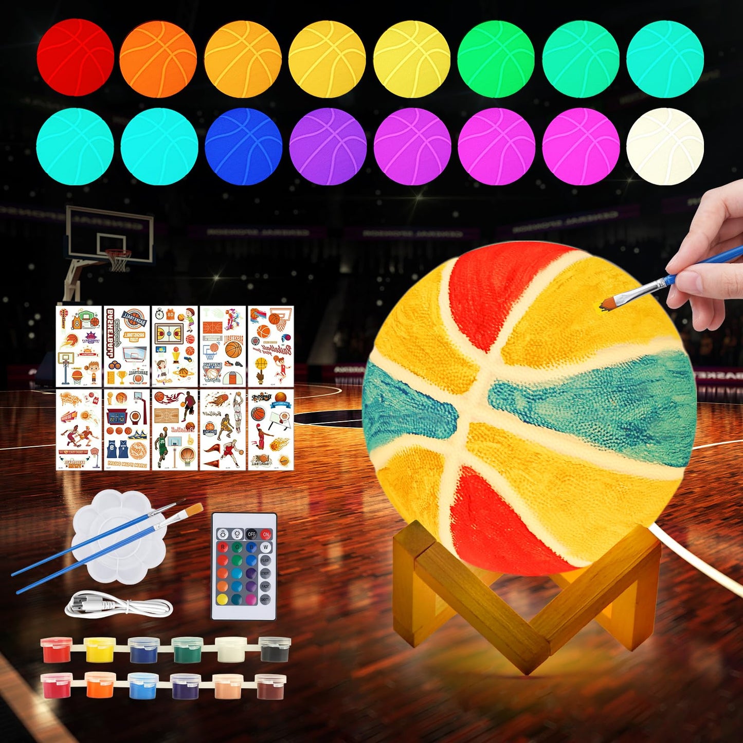 Minleway Paint Your Own Basketball Lamp Kit,16 Colors 5.9 Inch DIY 3D Basketball Night Light,Arts and Crafts for Kids Ages 4-12,
