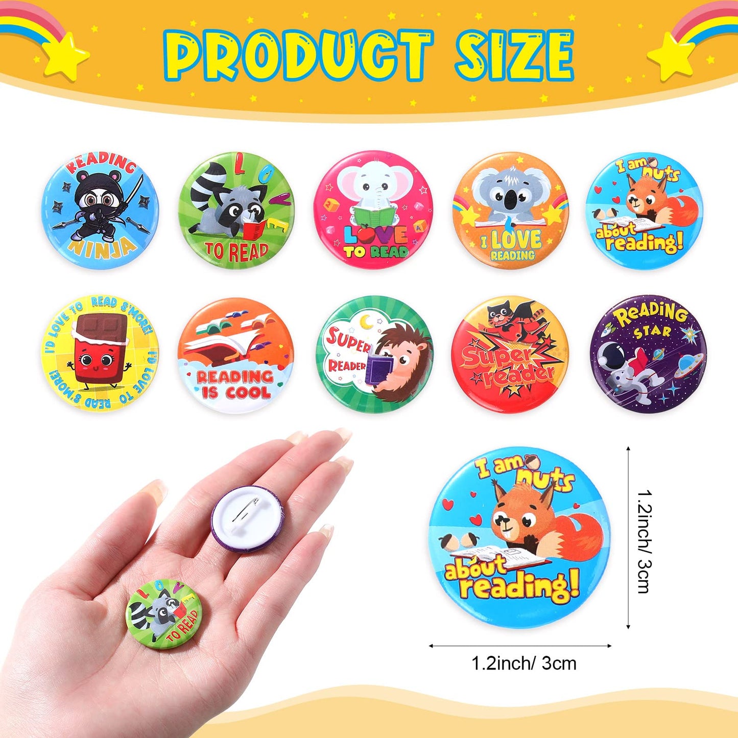 Frienda 60 Pcs Love to Read Slap Bracelets with Button Pins Reading Bracelets Badges for Classroom Teacher Rewards Prize Sunday