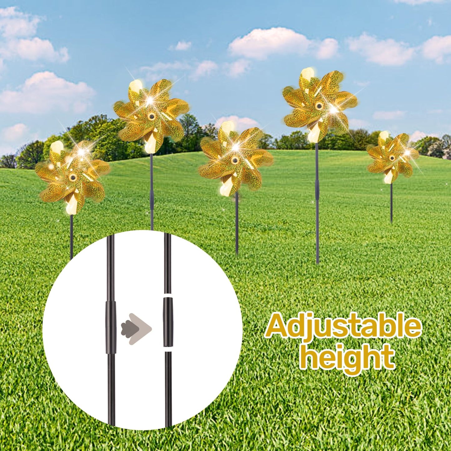Battife Golden Pinwheels For Garden, 10 Pack Reflective Wind Spinner To Scare Birds Away, Sparkly Pinwheel Deterrent, Outdoor Go