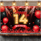 Yikki Happy 14th Birthday Banner Backdrop, Red and Black, Polyester, 14 Years Old Decorations for Boys and Girls